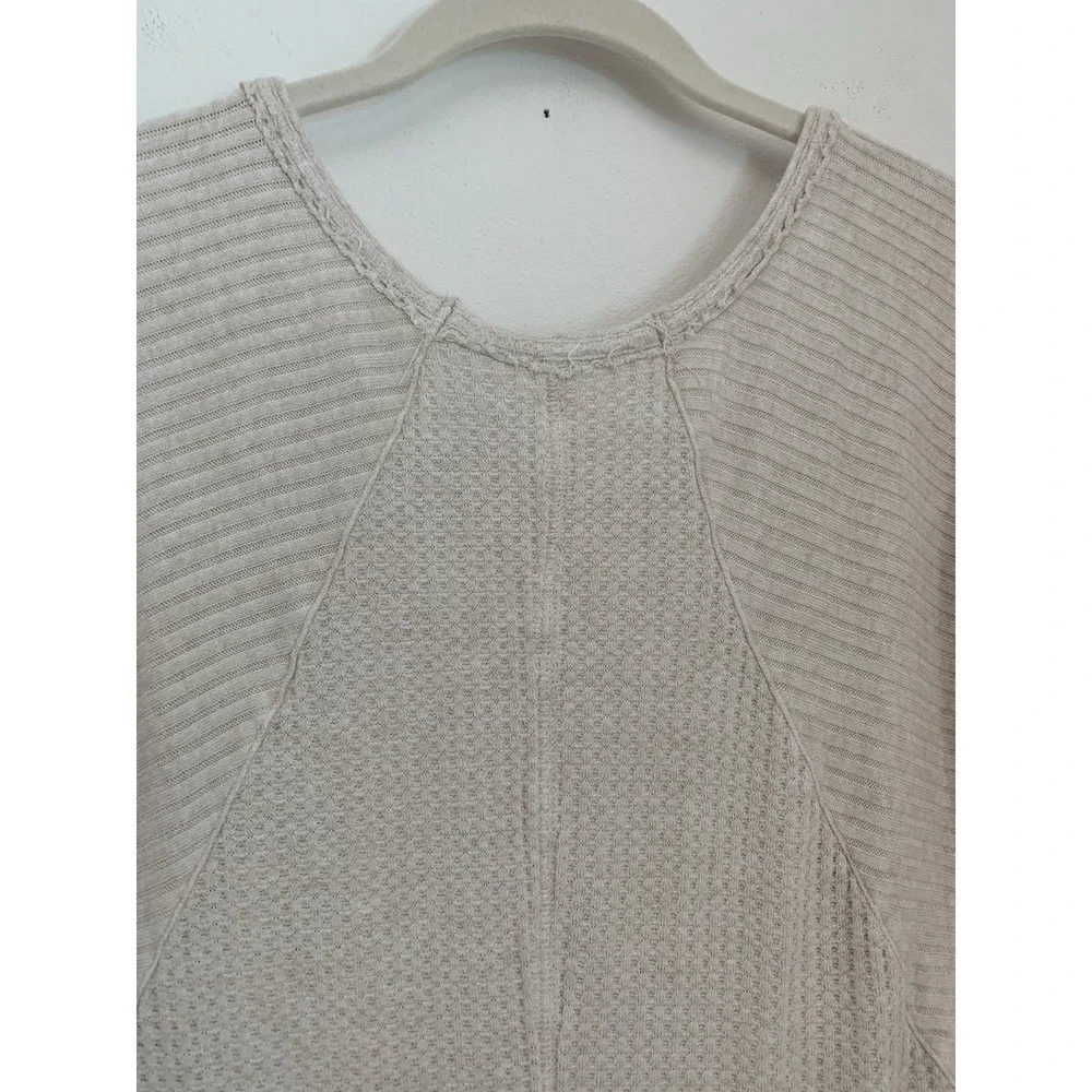 Free People‎ Sz S Ventura Pullover Beige Thermal Waffle Loose Cozy Soft Lounge